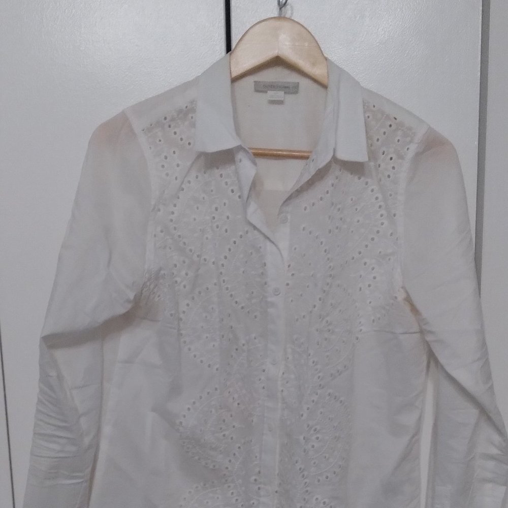 Outerknown White Long Sleeve Cotton Shirt with Eyelits, Size SP